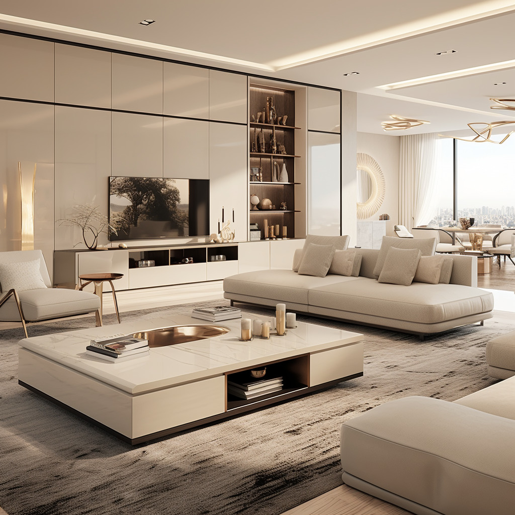 The expansive sofa in the living room offers ample seating for guests.