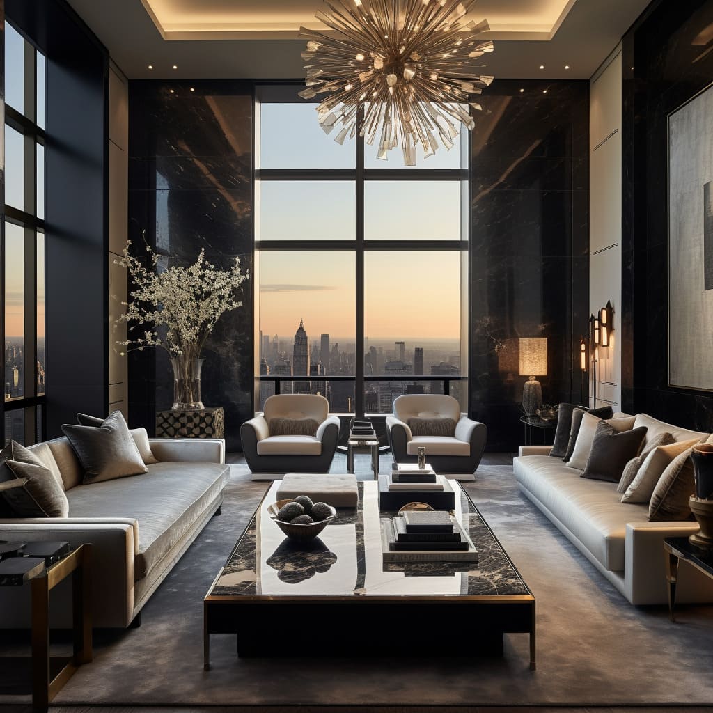 The expansive windows in this large living room frame the stunning skyline, enhancing the penthouse's allure.