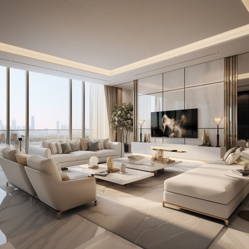 The flat's living room seamlessly blends a luxurious TV unit with an expansive sofa.