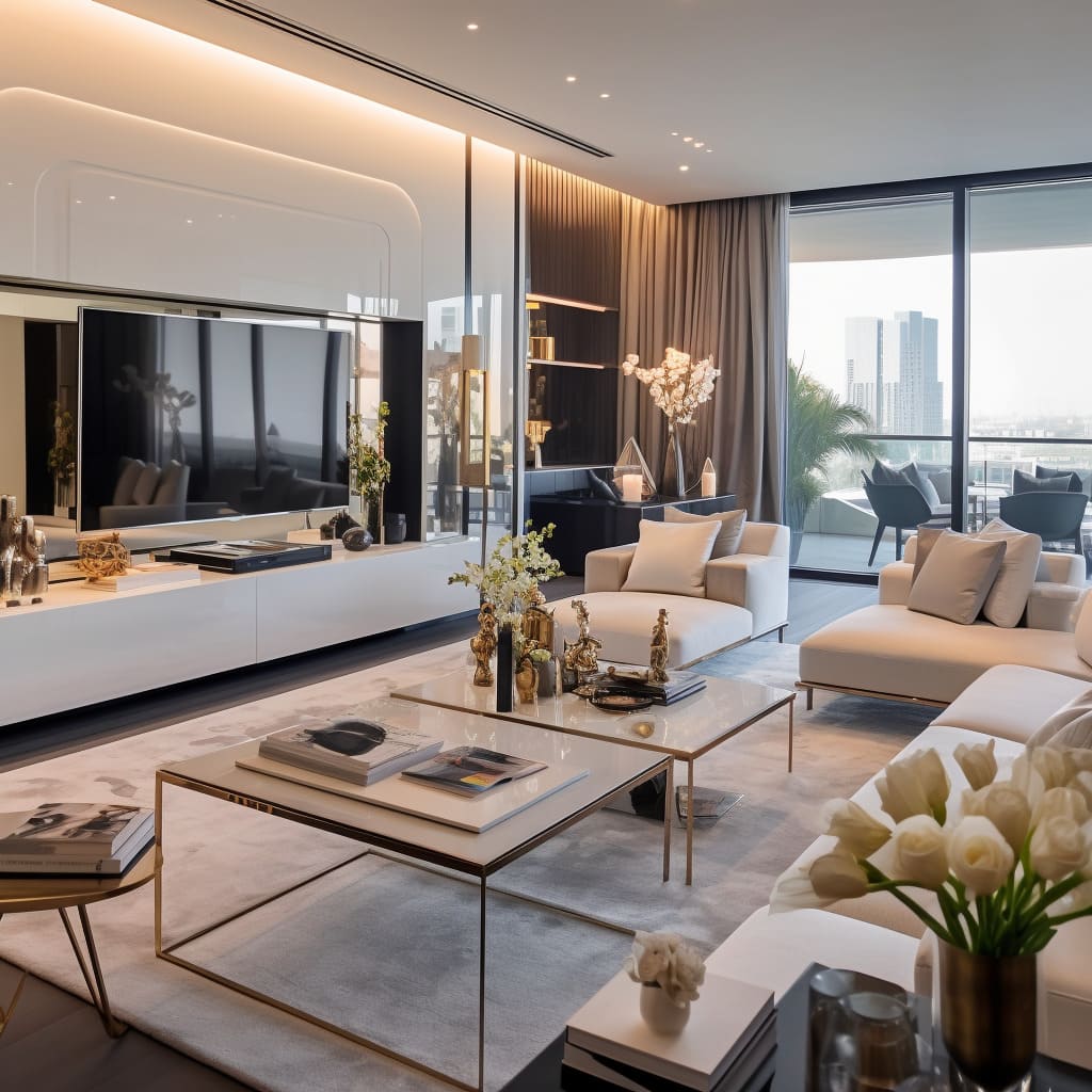 The flat's open-concept living room makes a statement with its lavish L-shaped sofa.