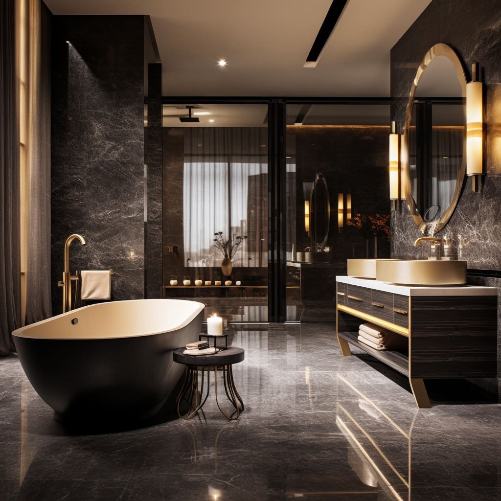 The free-standing bathtub in this master bathroom is a statement piece that exudes modern elegance.
