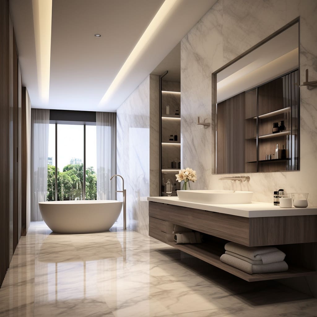 The free-standing tub in this bathroom offers a luxury soak with a view of the skyline.