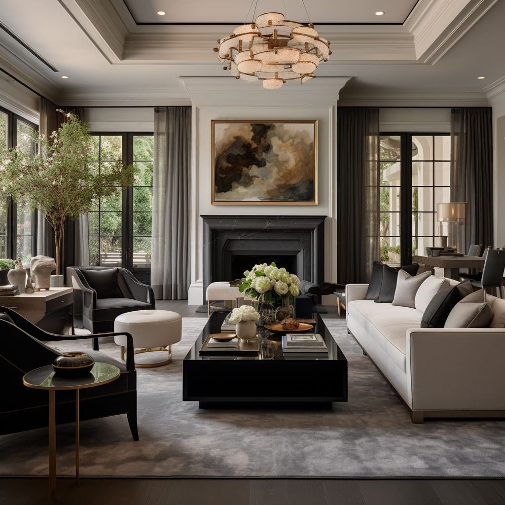 The furniture selection in this living room is a blend of classic and contemporary styles.