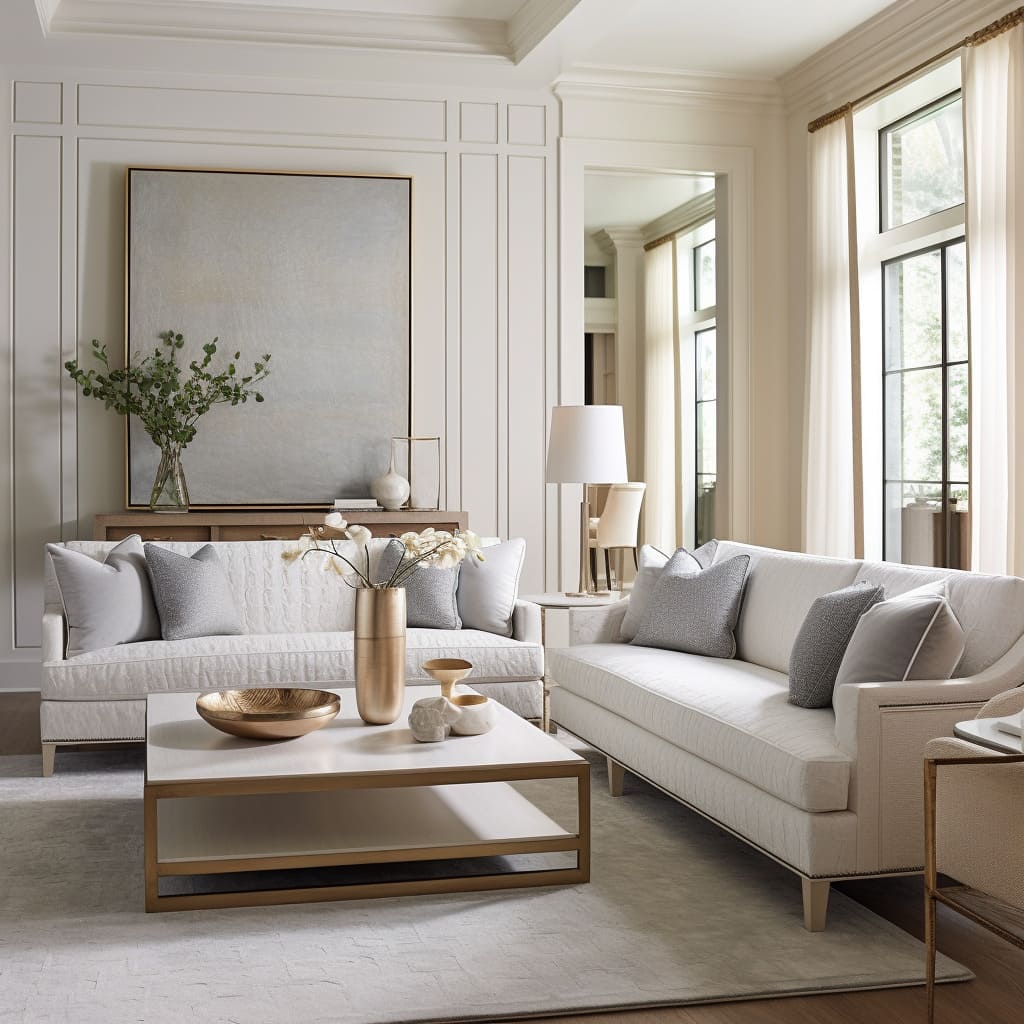 The heart of this home is a living room with a perfect blend of white, contemporary classic styles.