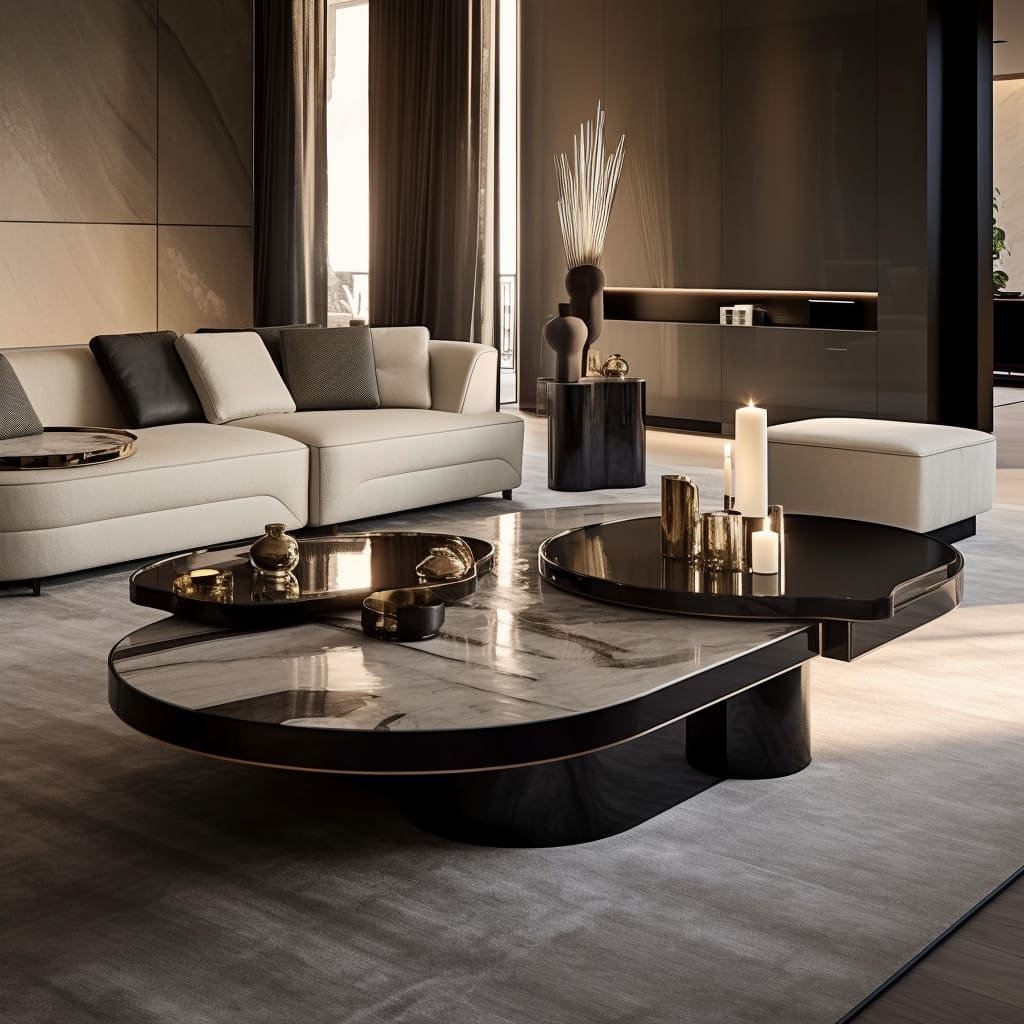 The home decor is elevated with a polished marble coffee table amidst plush seating.