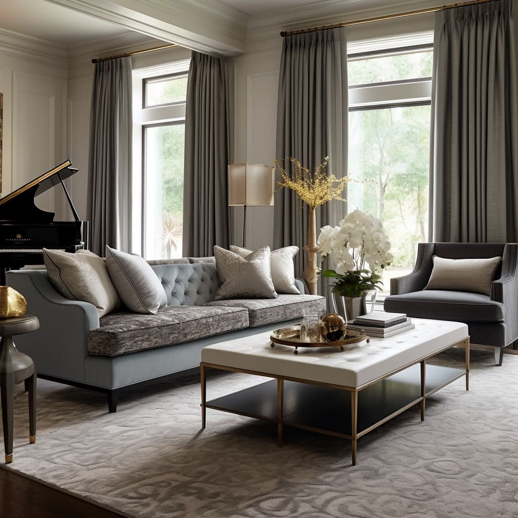 The home's decor boasts a modern classic style with a palette of neutral textiles.