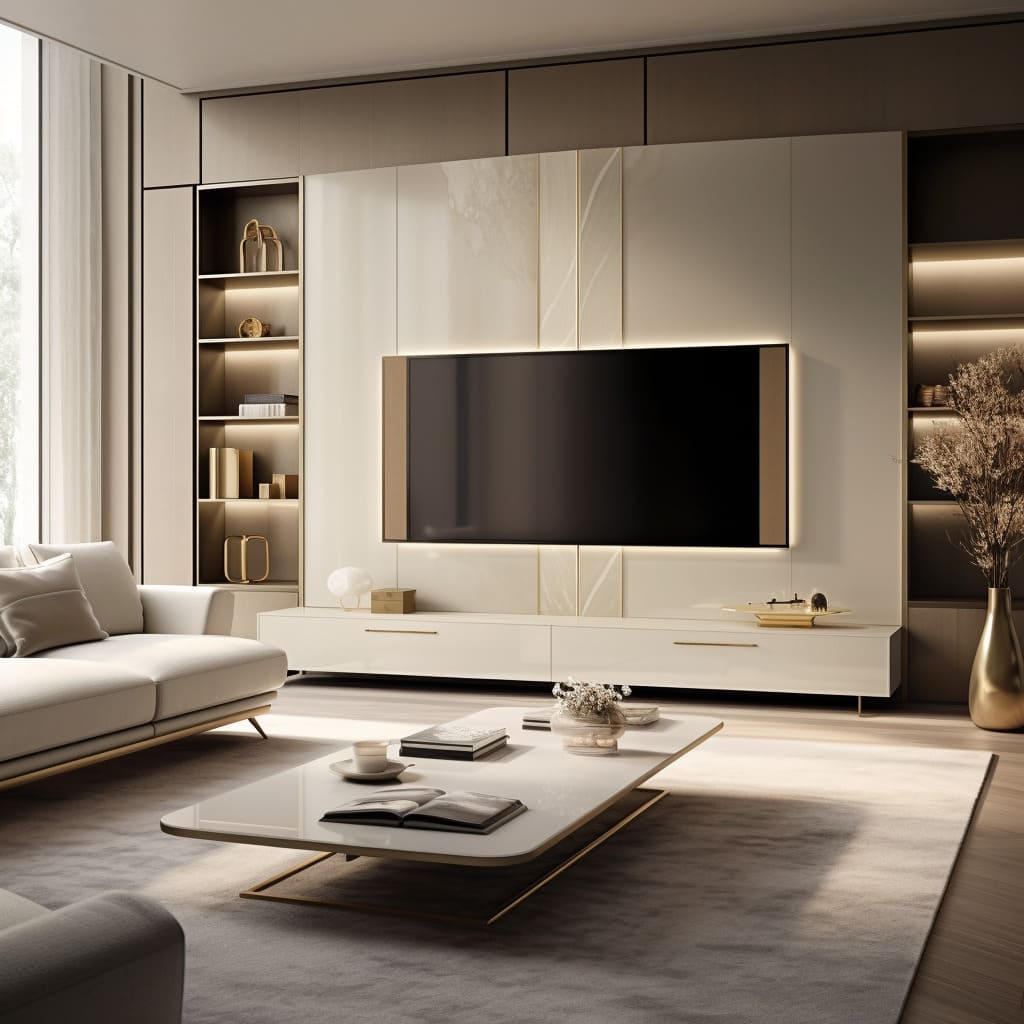 The home's design includes a TV wall with hidden storage, keeping the living room neat.