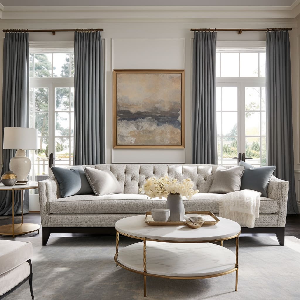 The home's interior design showcases a new classic living room that's both grand and inviting.