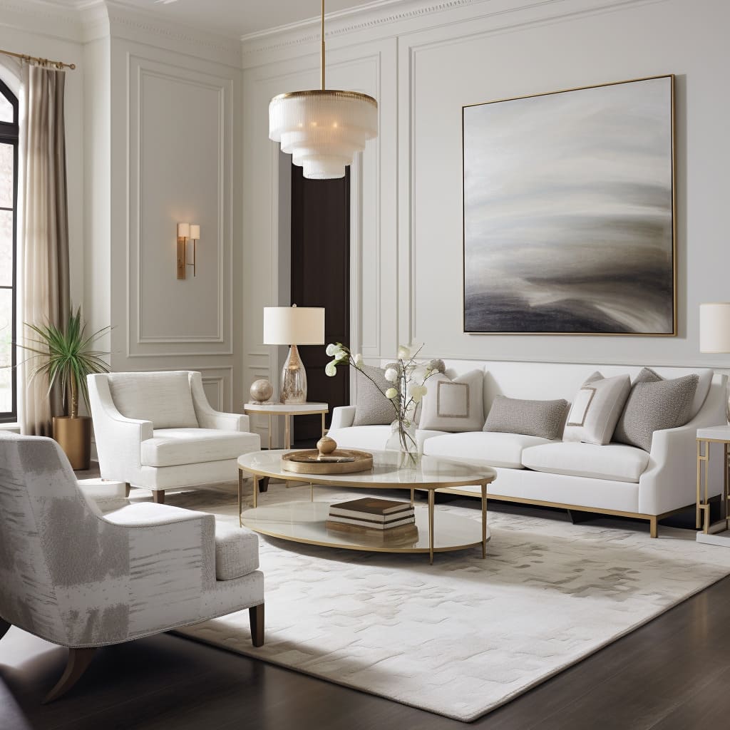 The home's living room dazzles with its blend of white colors and transitional style.