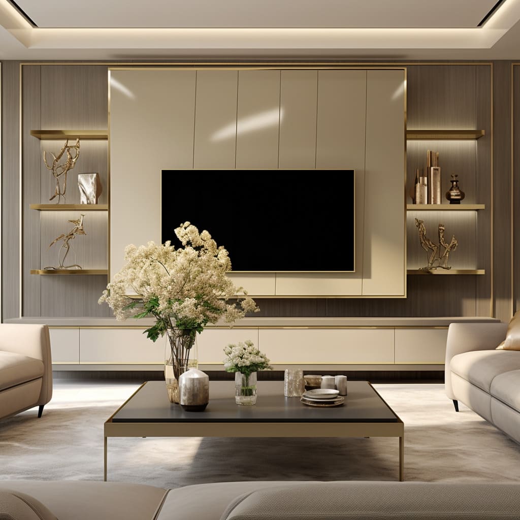 The home's seating arrangement is centered on the TV wall for optimal viewing and style.