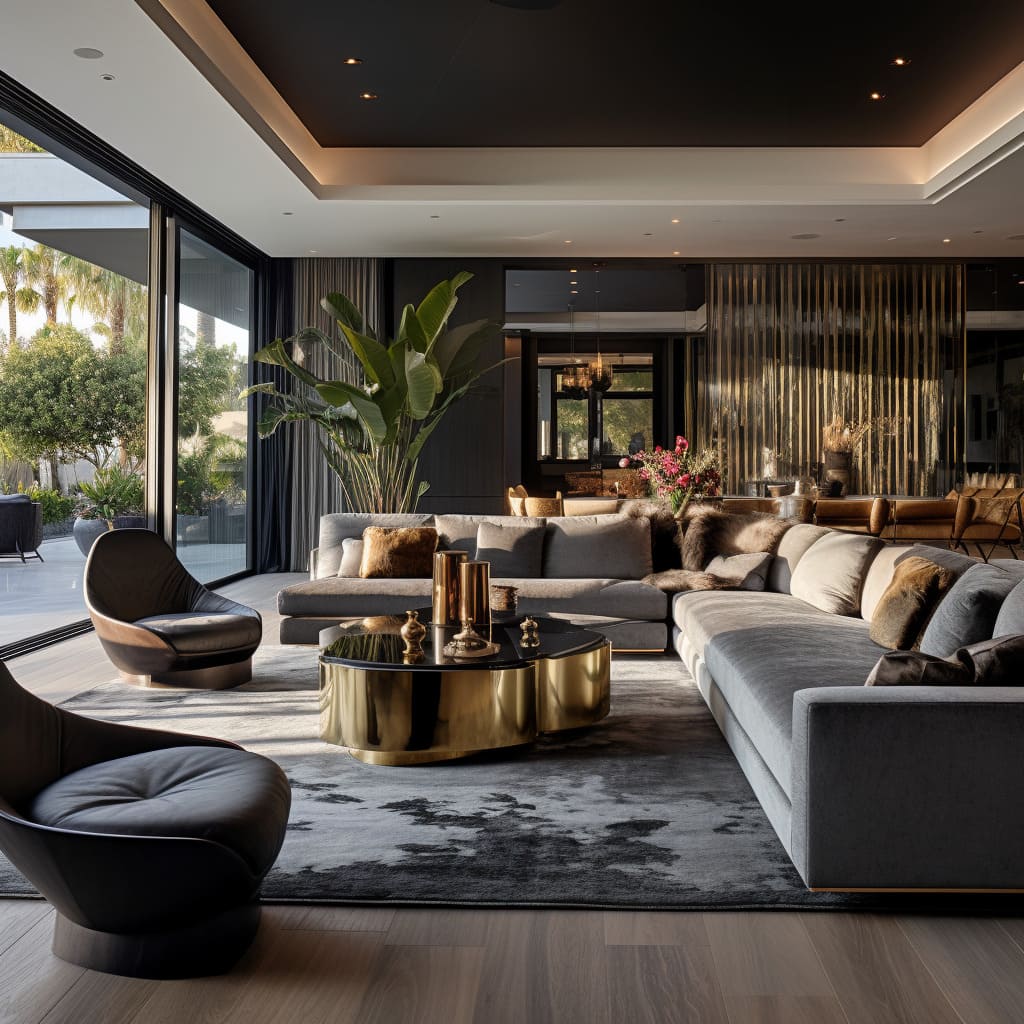 The house's living room boasts a contemporary look with its sleek sofa and modern accents, creating a stylish and inviting space.