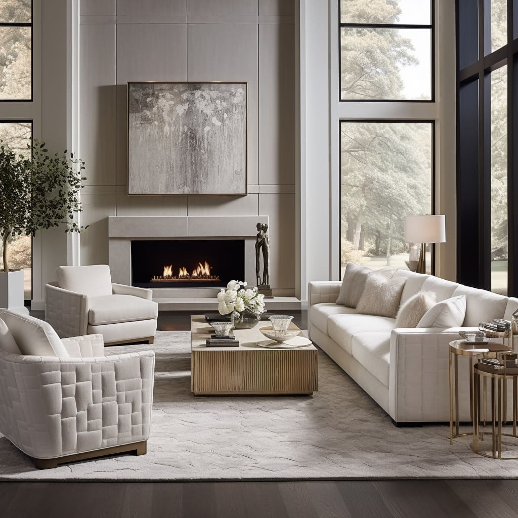 The house's living room boasts a modern classic design with a focus on white hues.