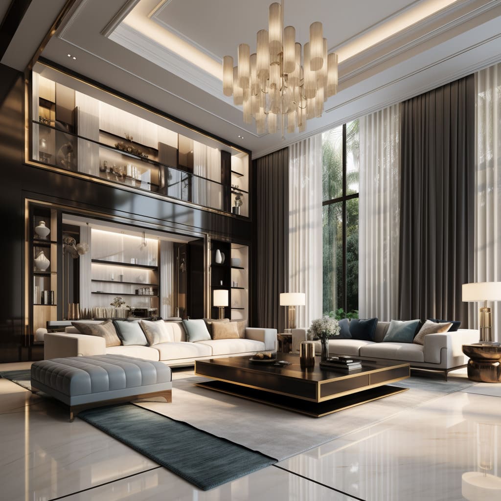 The house's living room combines contemporary design with comfortable, high-end furniture.