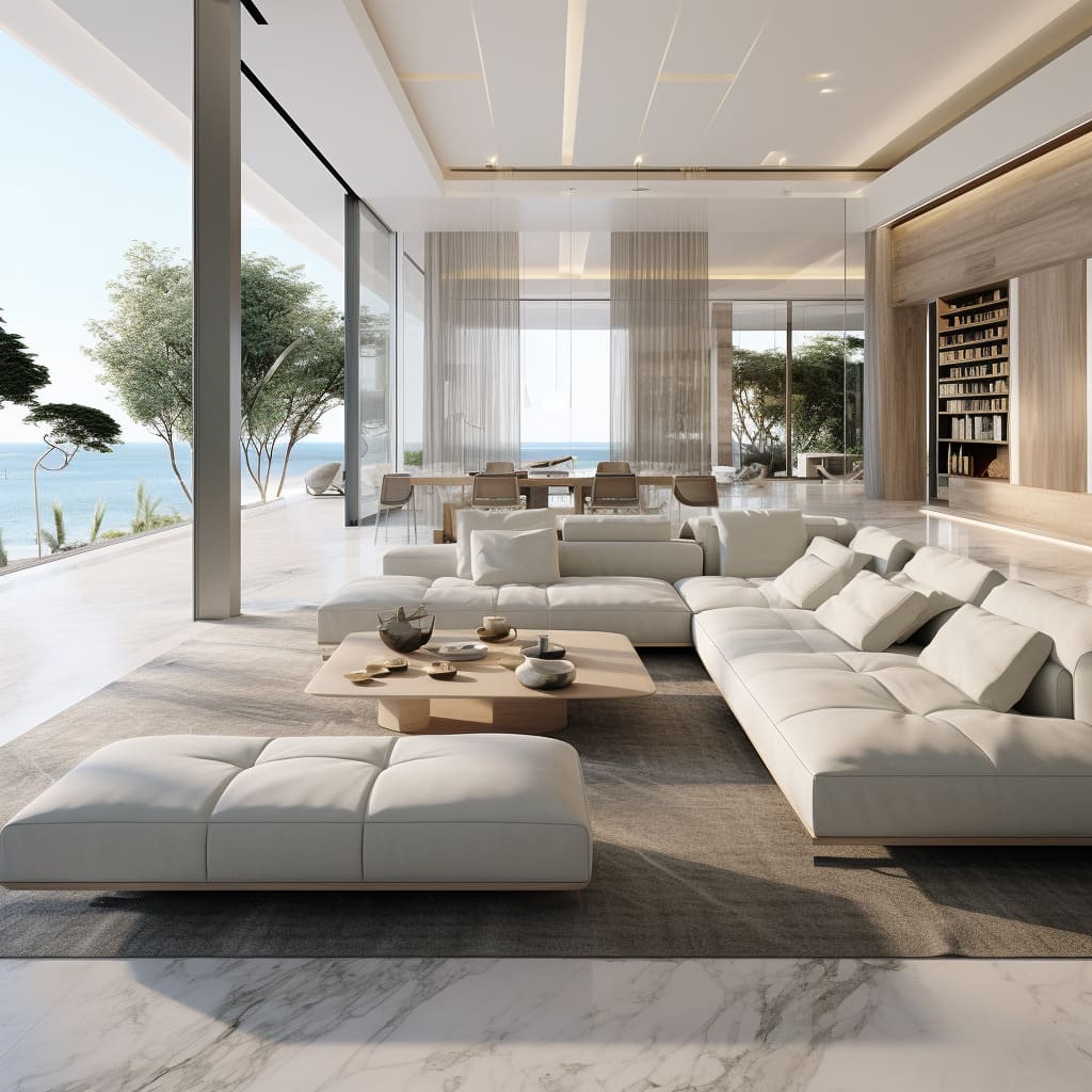 The house's living room features a stunning LA vibe with its white marble floors and stylish accents.