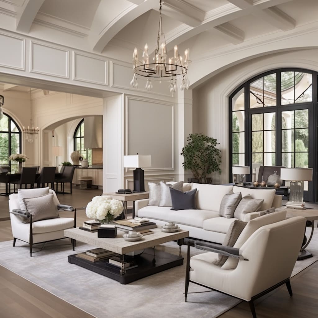 The house's living room is a testament to elegant interior design, balancing modern and traditional styles.