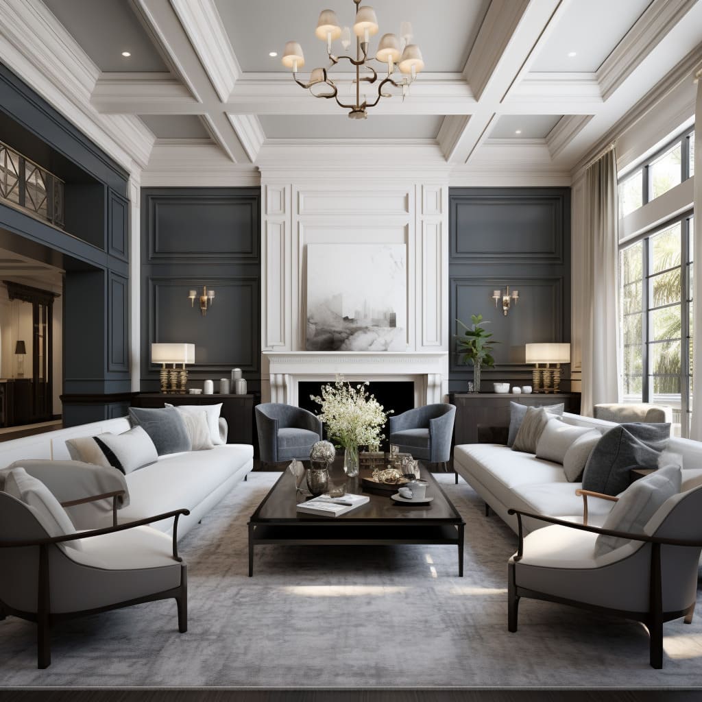 The house's living room is an elegant mix of contemporary design and traditional American style.