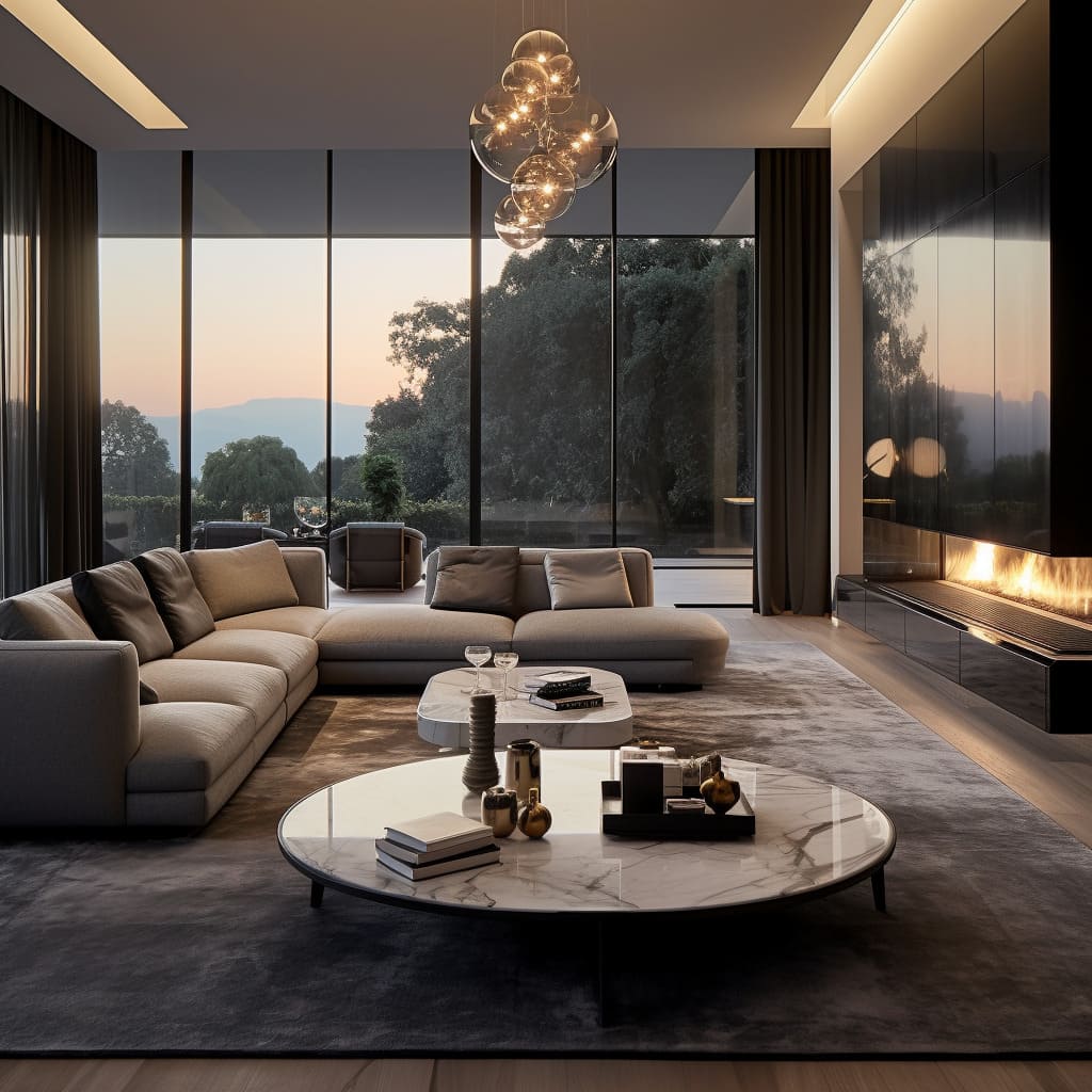 The house's living room is elegantly designed with a velvet sofa, brass accents, and sophisticated lighting.