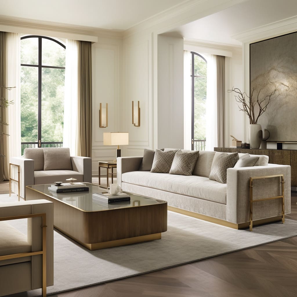 The house's living room pairs a large, comfortable off-white sofa with chic brass ornaments for a sophisticated look.