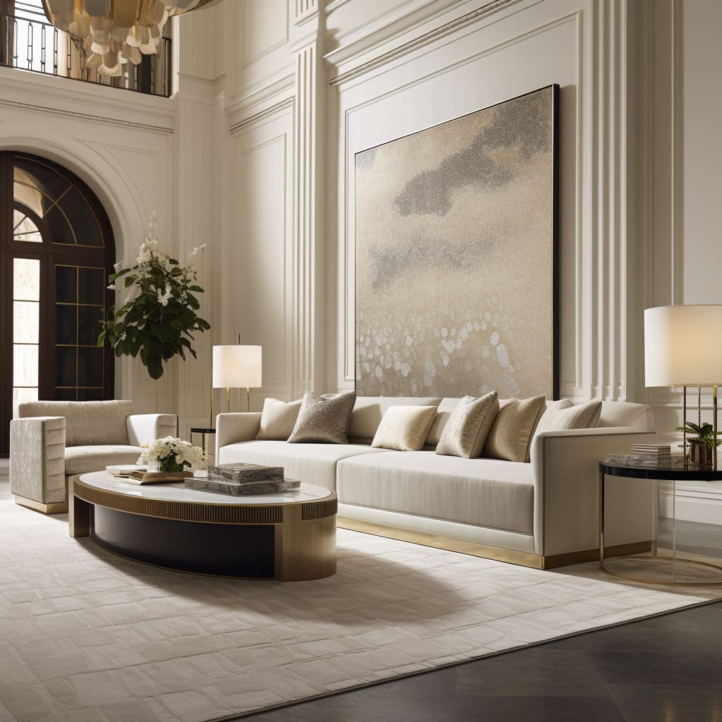 The house's living room pairs beige elegance with contemporary brass features for a luxurious interior design.