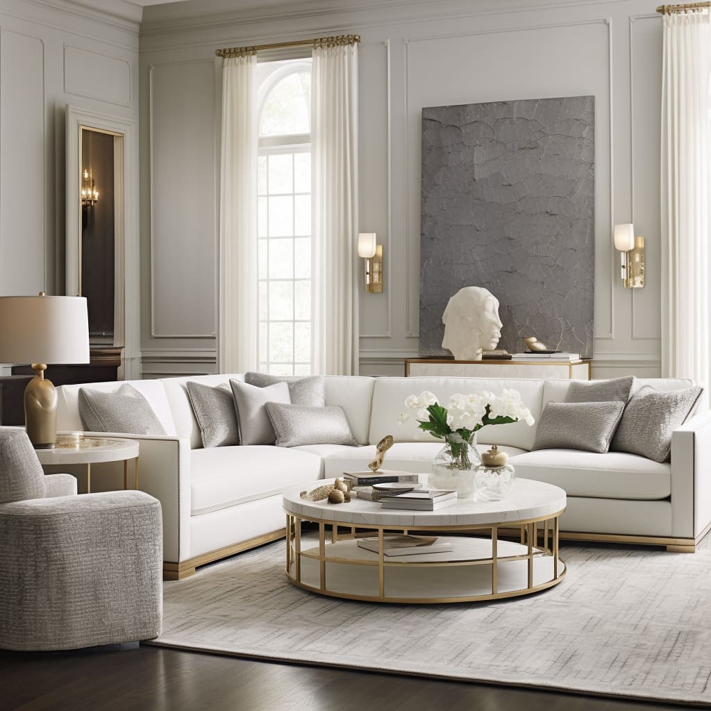 The house's living room radiates warmth with its white, contemporary classic furnishings.