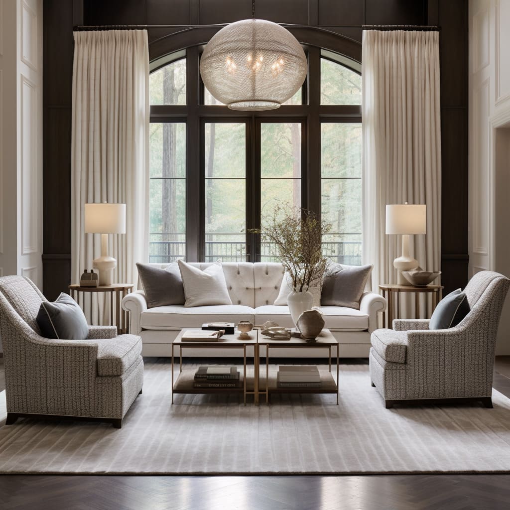 The house's living room reflects a new classic design with its sophisticated textile choices.