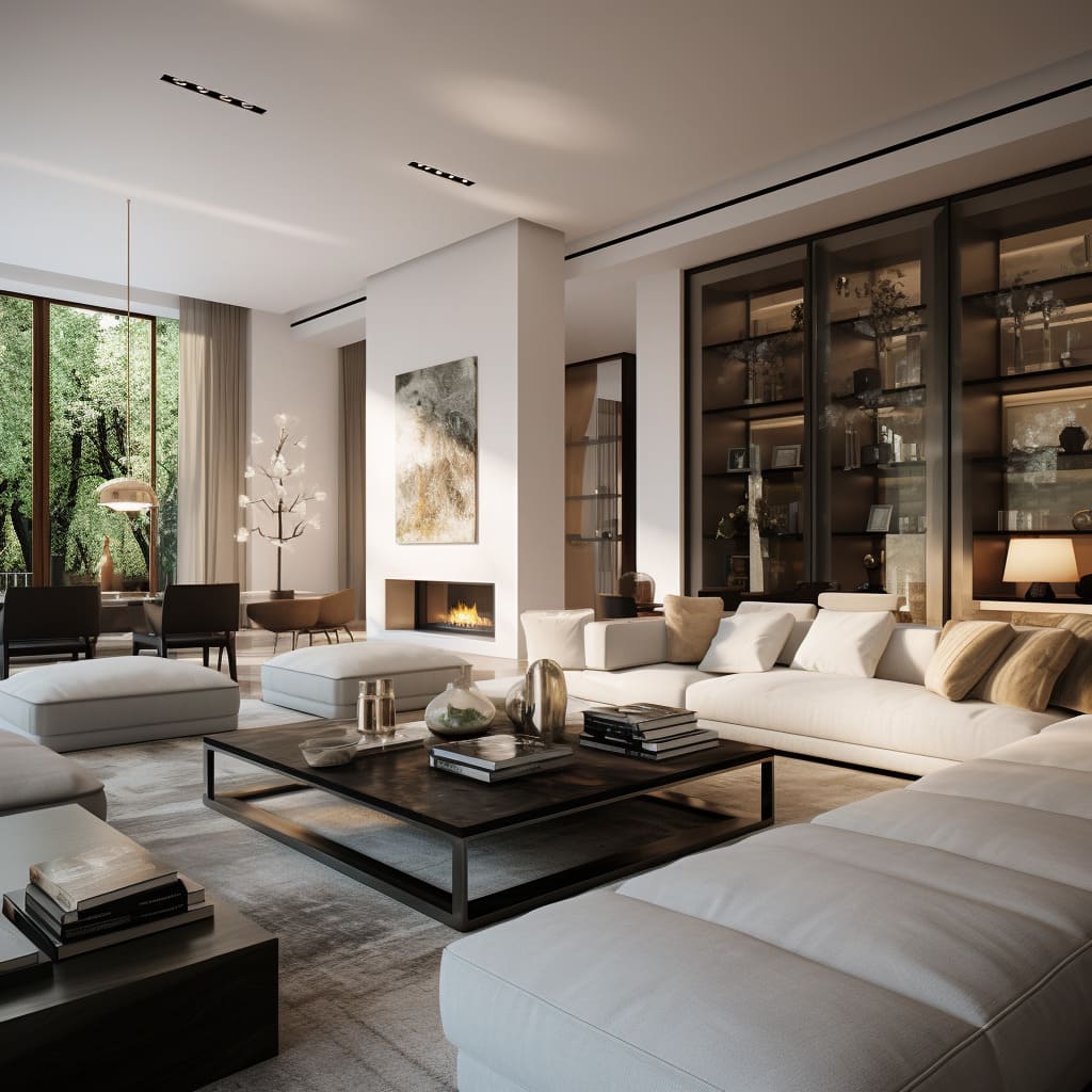 The house's living room showcases a blend of contemporary design and luxurious brown wood accents.