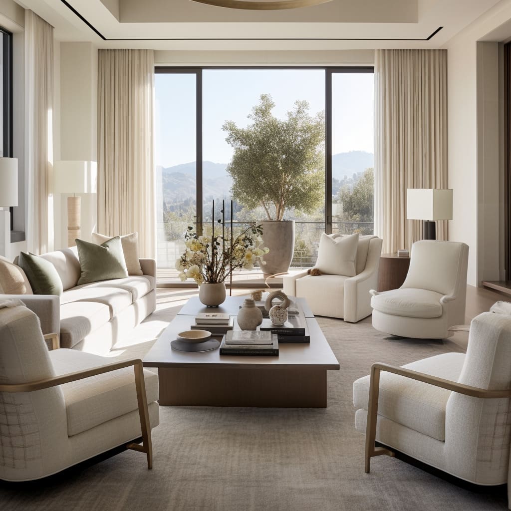 The house's living room with its white seating is a perfect blend of comfort and style.