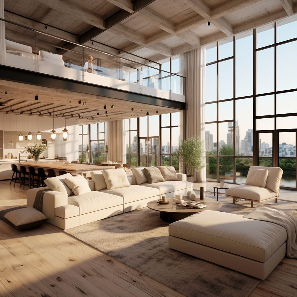 The industrial interior design adds character to this large living room.
