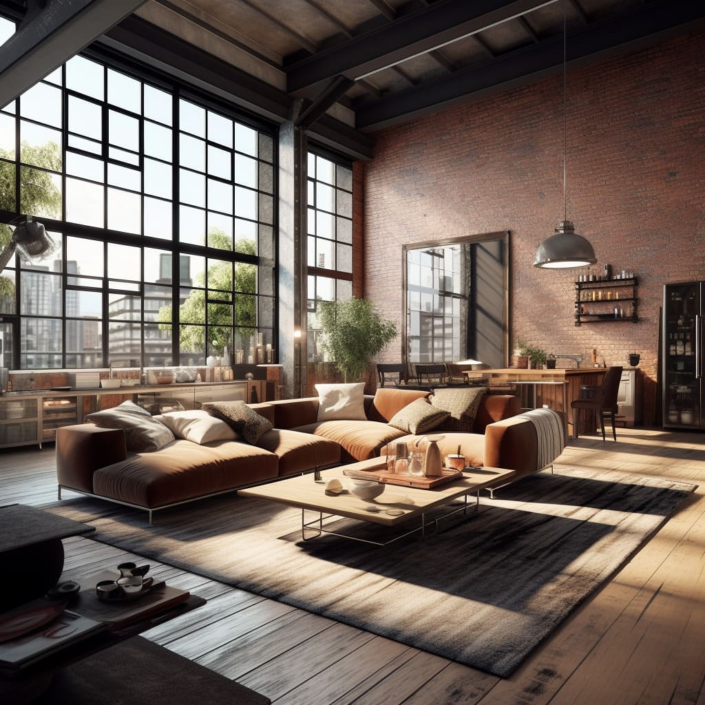 The industrial-style living room features a unique blend of design elements.
