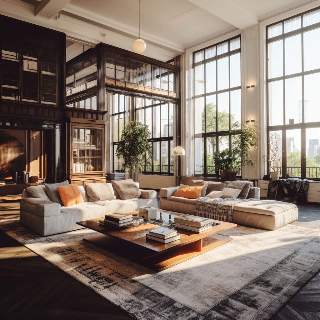 The industrial-style living room in this large apartment combines old and new design elements.