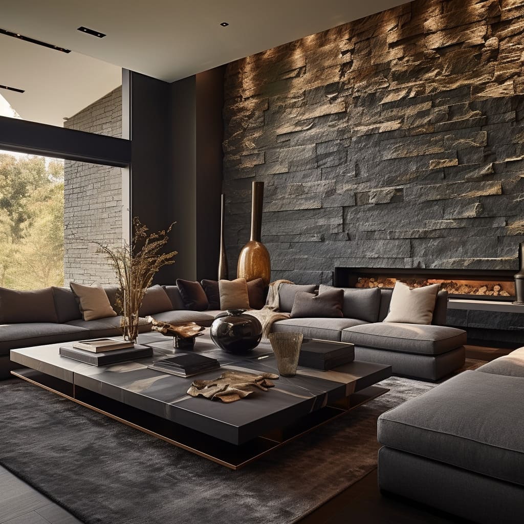 The interior design of the living room incorporates natural stone elements.