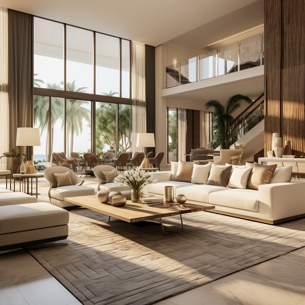 The interior design of the living room showcases plush seating bathed in natural light.