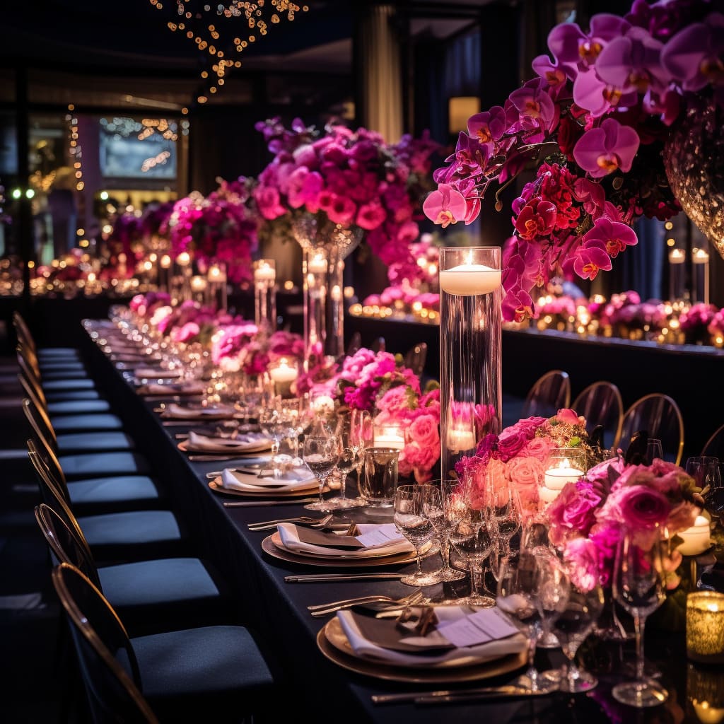 The interior design of the wedding dining hall is filled with romantic bridal decorations.