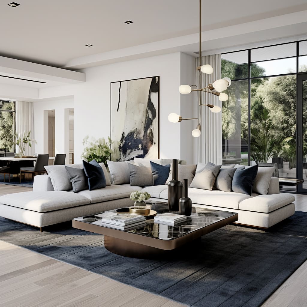 The interior design of this living room features a Los Angeles style with clean lines and a monochromatic palette.