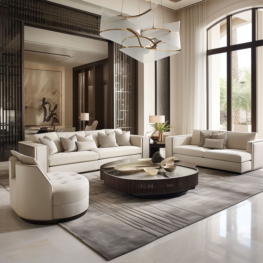 The interior design of this living room focuses on open concepts, embodying a luxury minimalist vibe.