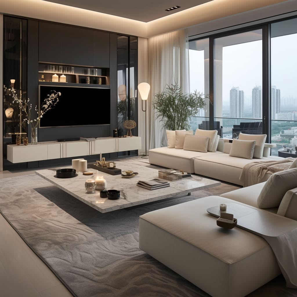 The interior design of this living room highlights a minimalist yet luxurious TV unit.