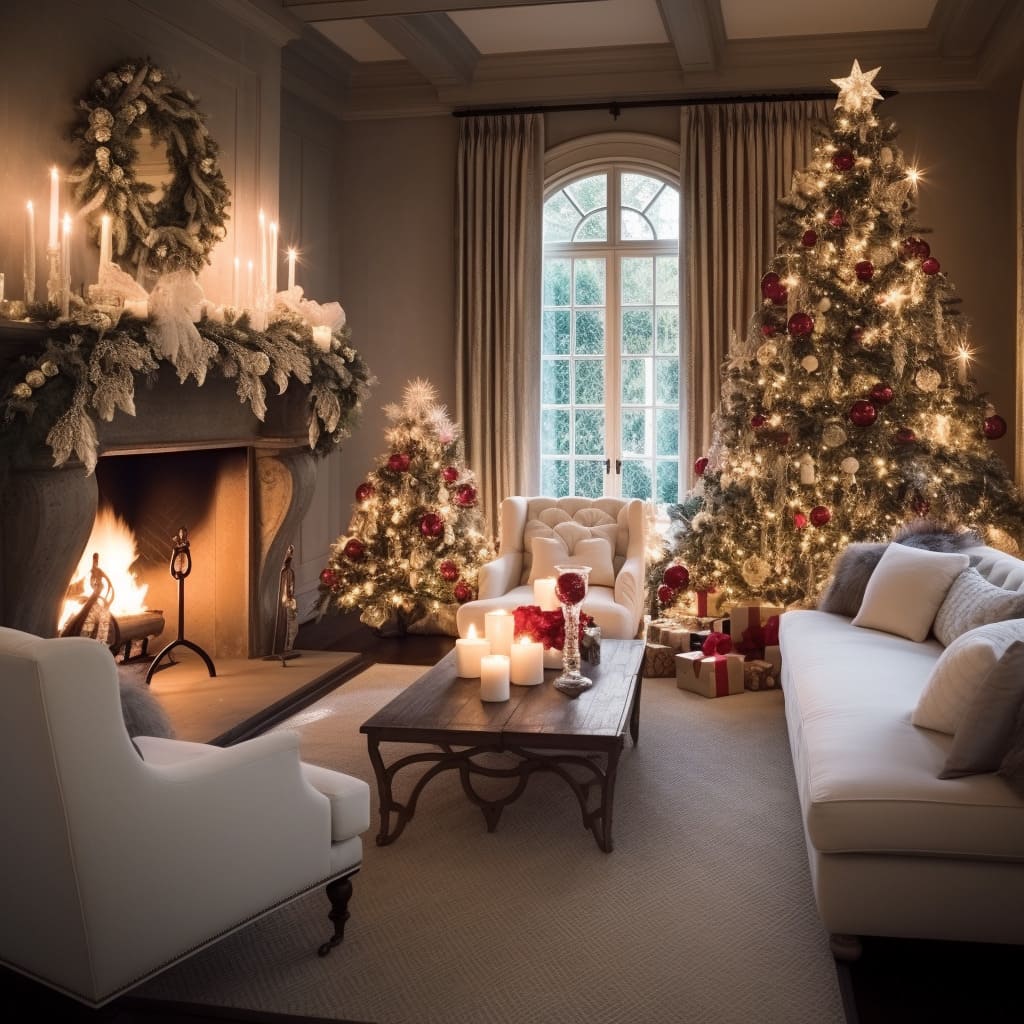 The interior design of this living room includes elegant Christmas decor, creating a cozy holiday atmosphere.