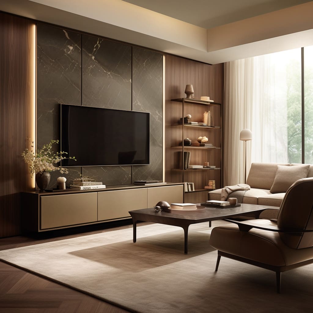 The interior design of this living room is a harmony of comfort with the TV as the centerpiece.