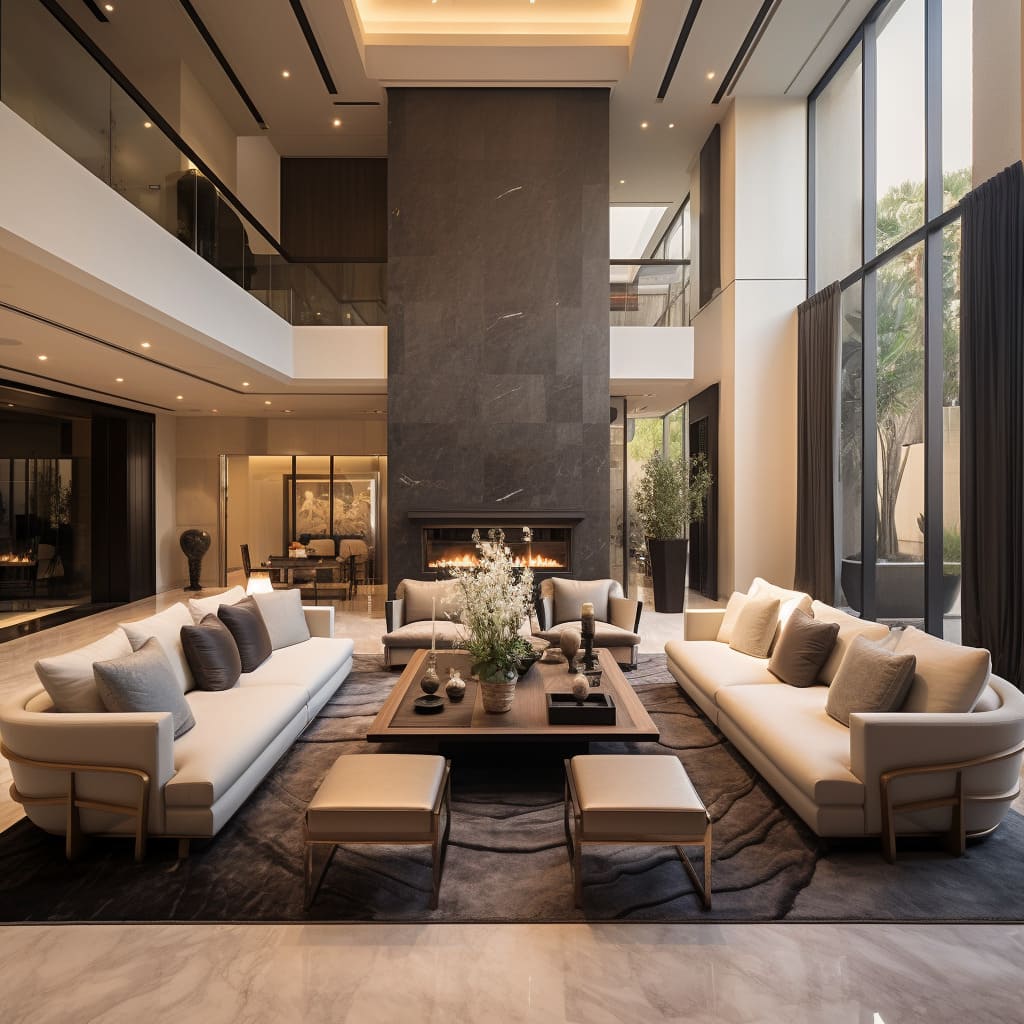 The interior design of this living room is enhanced by luxurious marble and plush sofas.