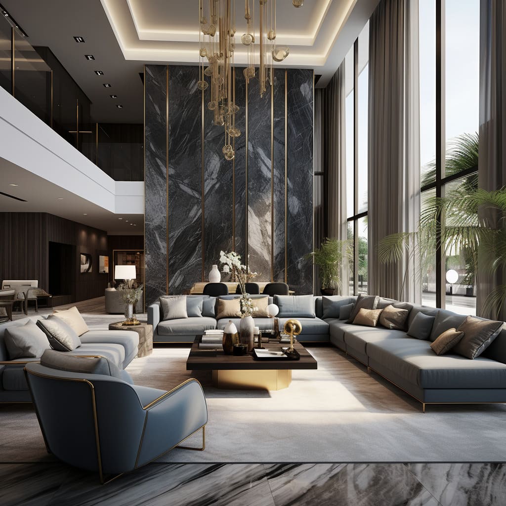 The interior design of this living room is enhanced by the use of polished marble and plush sofas.