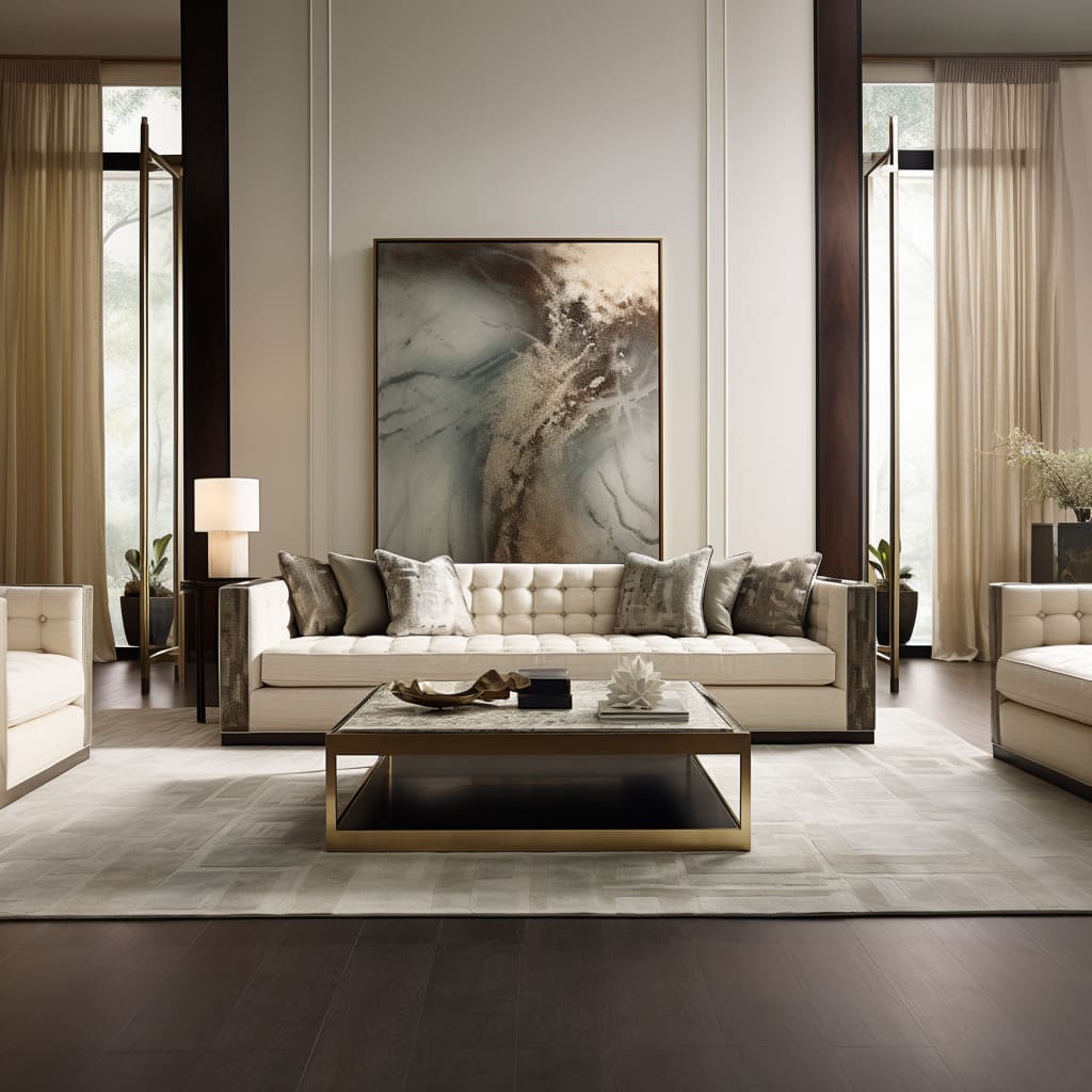 The interior design of this living room radiates luxury with its large, comfortable beige sofa and brass ornaments.