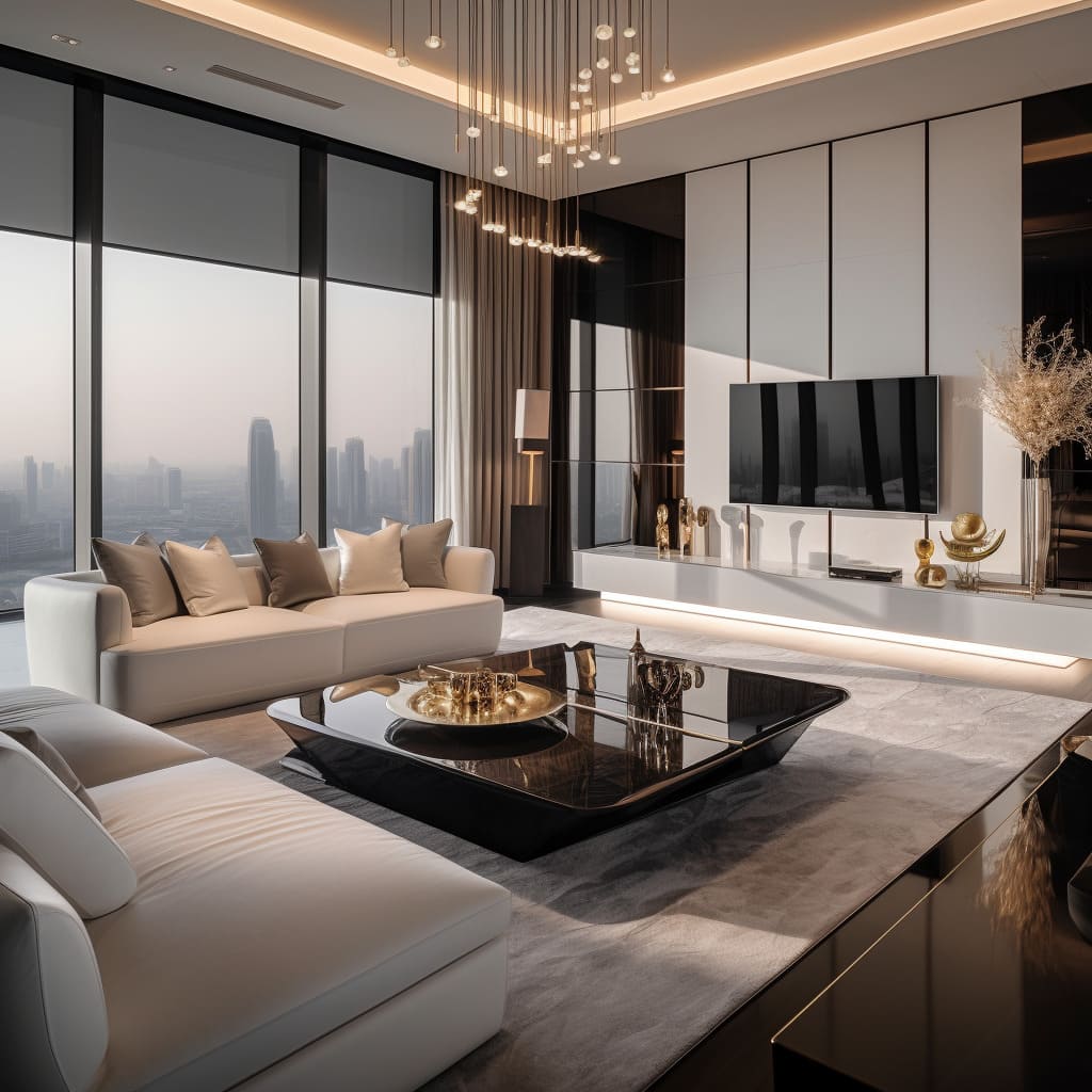 The interior design of this penthouse living room exudes luxury, from the plush textiles to the gleaming surfaces.