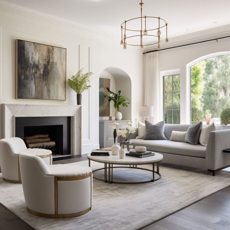 The Interior Of This Home Features A Transitional Design That Blends Modern Classic Furniture With Warm Inviting Decorations 768x768 