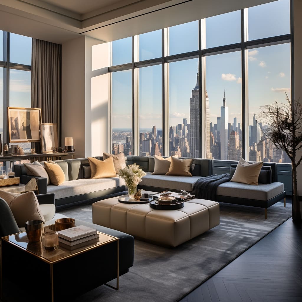 The interior of this penthouse living room is a masterpiece of design, blending luxury with functionality.