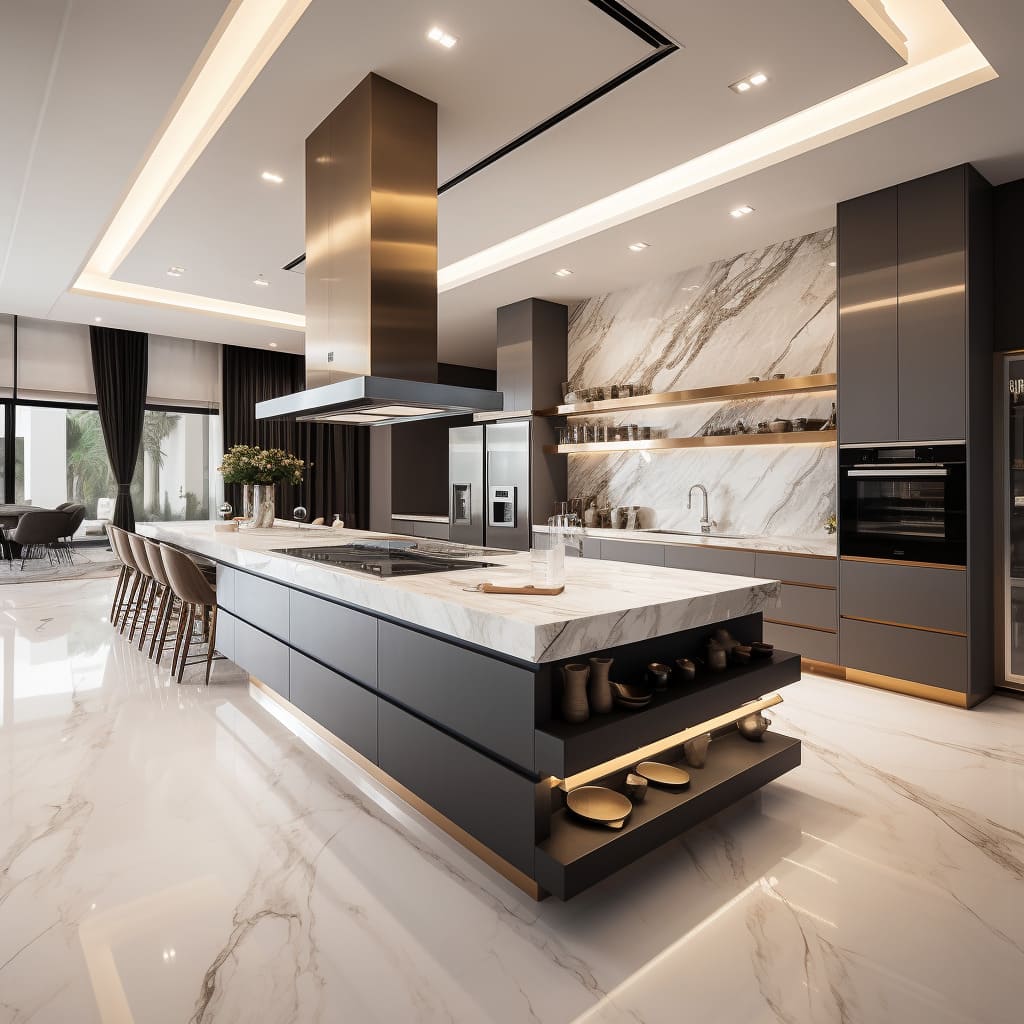 The kitchen's contemporary island, open to the living room, offers a spacious and inviting atmosphere.