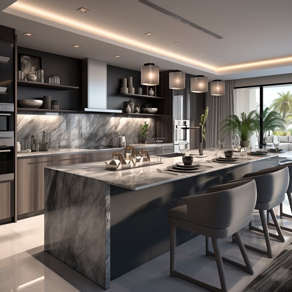 The kitchen's island, with its elegant gray marble top, epitomizes modern interior design.