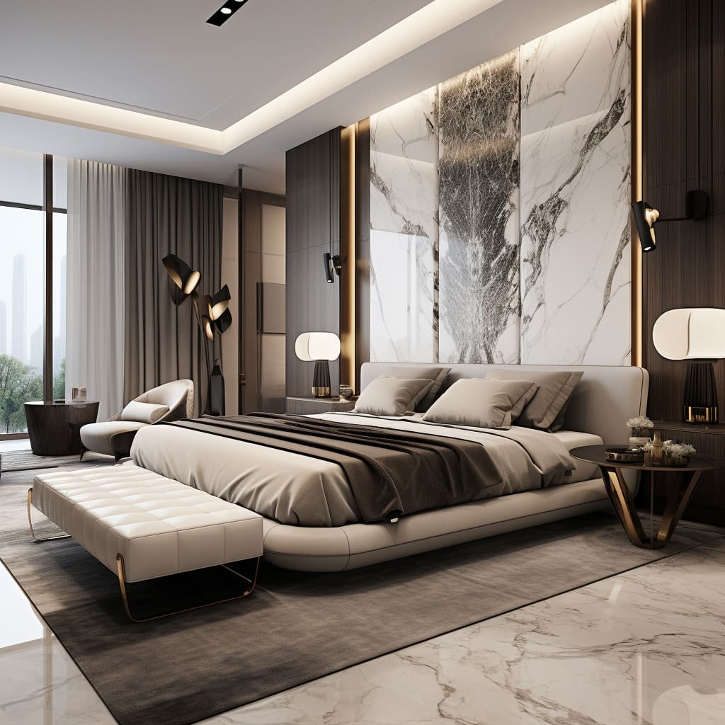 The large bedroom effortlessly showcases contemporary trends in interior design.