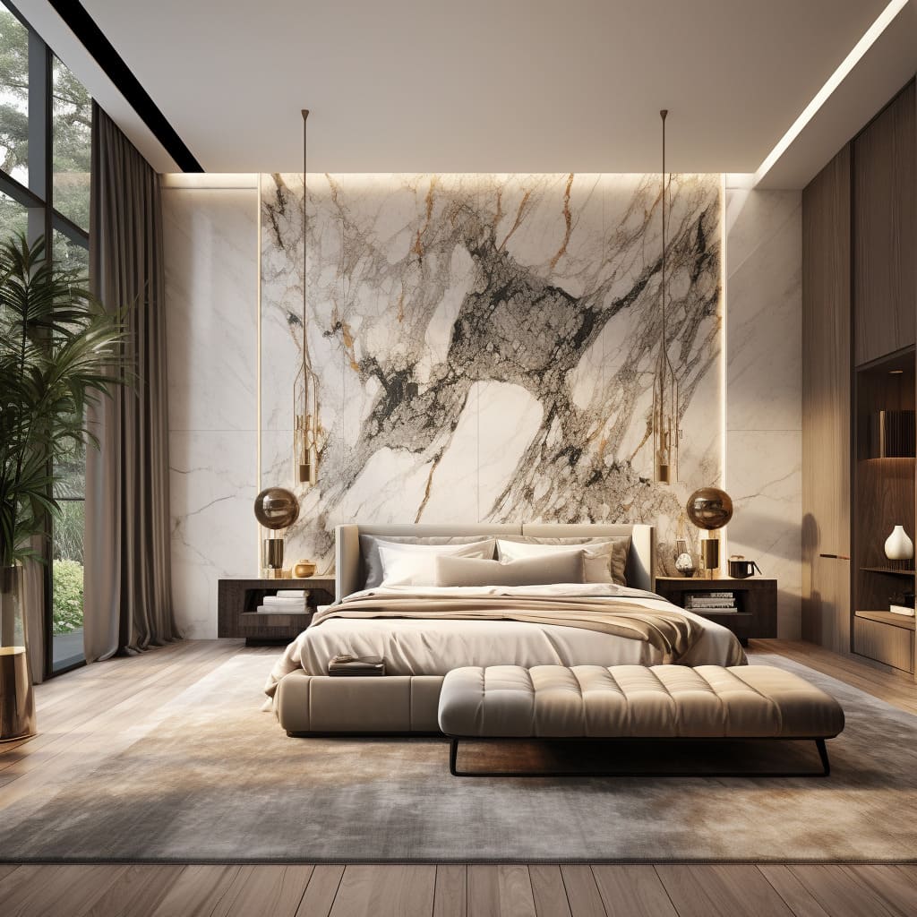 The large bedroom's focal point is a luxurious, white marble headboard.
