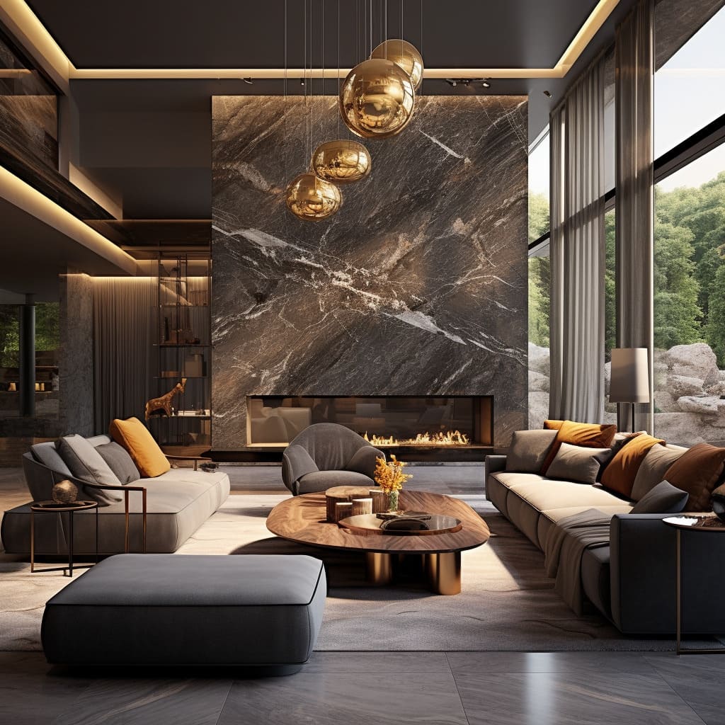 The large living room exudes charm with its stone-clad interior design.