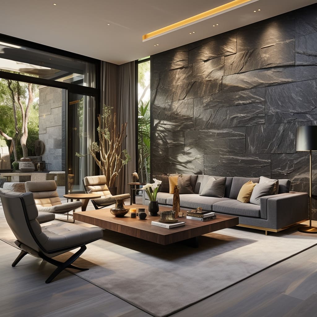 The large living room is adorned with stunning stone cladding as part of its interior design.